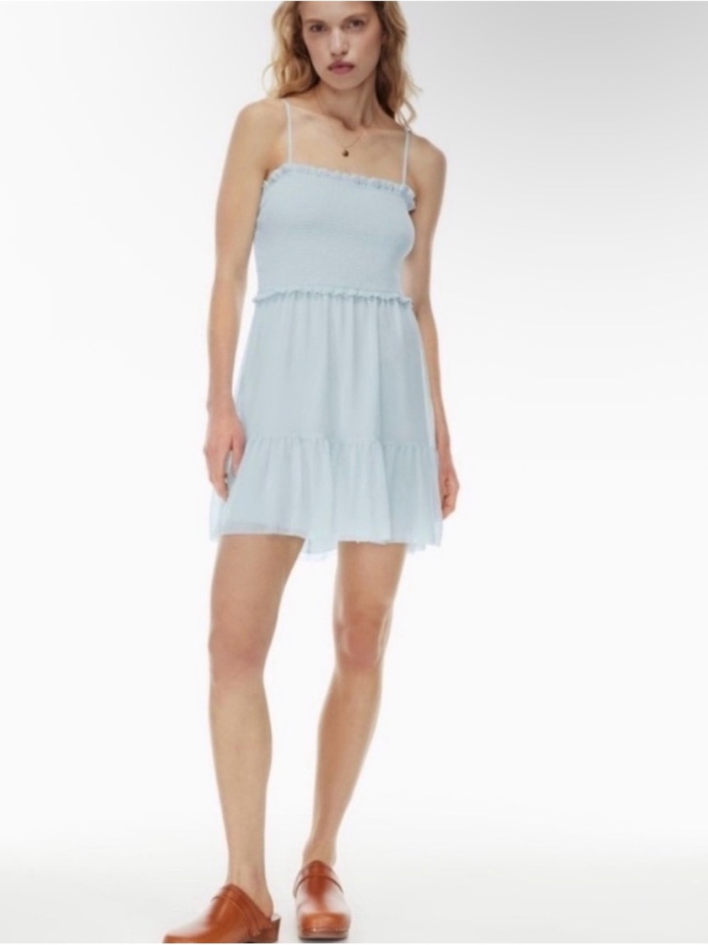 Aritzia Wilfred Light Blue Smocked Tiered Mini Dress